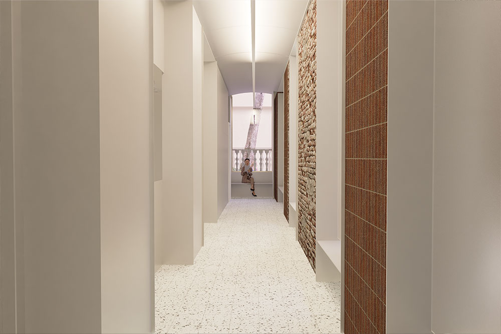 Cocina integrada de estilo minimalista con muebles blancos, estanterías abiertas, plantas decorativas y un ambiente moderno en espacio reducido